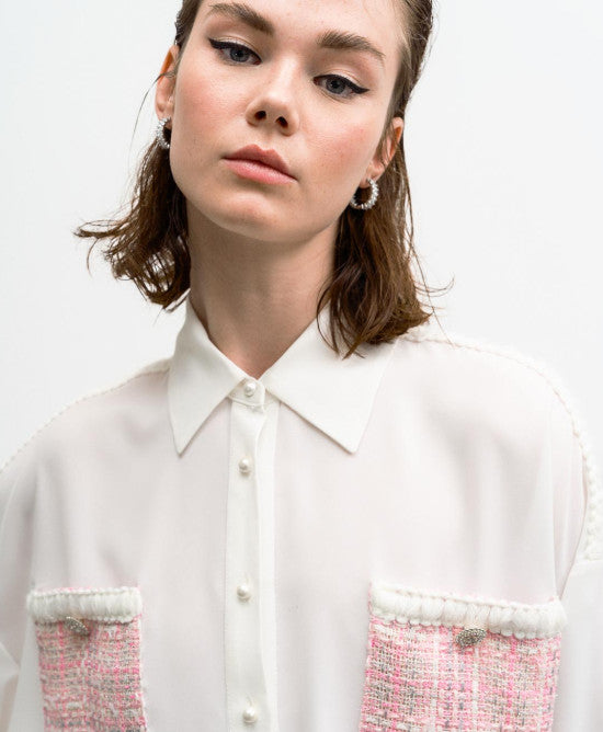 Access Fashion Alana Shirt with Tweed Pockets - White and Pink