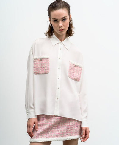 Access Fashion Alana Shirt with Tweed Pockets - White and Pink