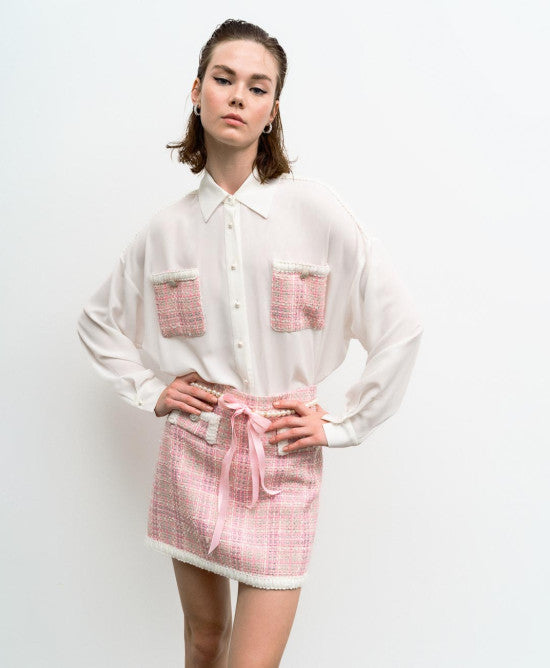 Access Fashion Alana Shirt with Tweed Pockets - White and Pink