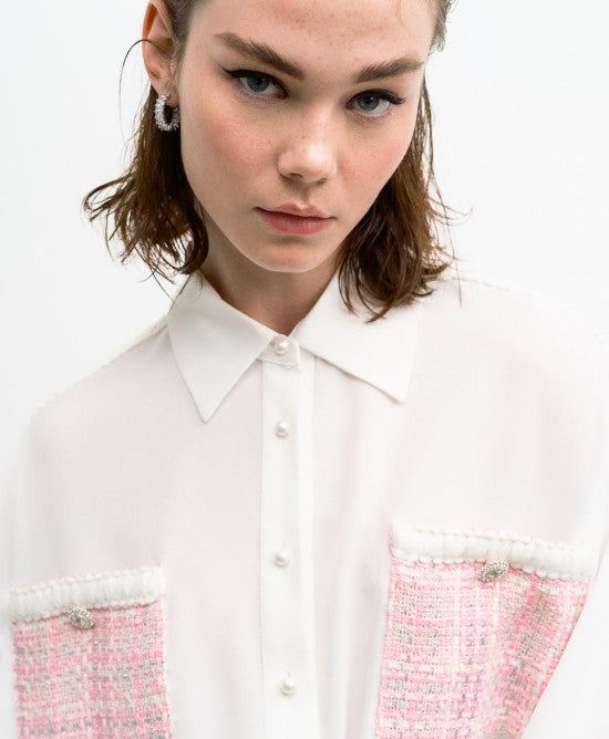 Access Fashion Alana Shirt with Tweed Pockets - White and Pink