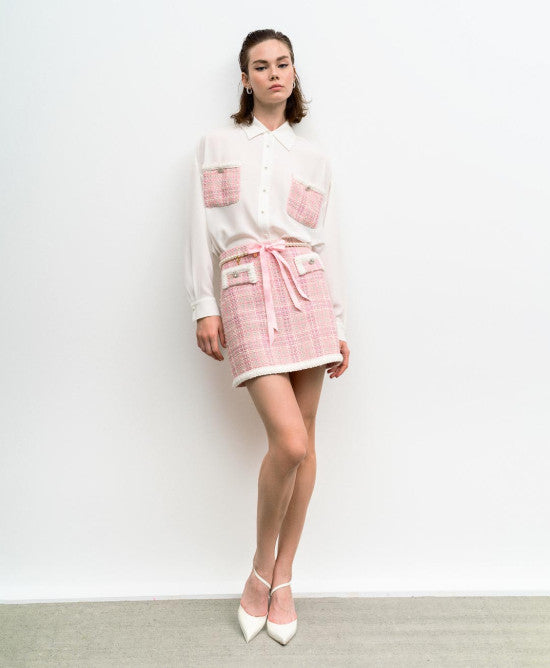 Access Fashion Alana Shirt with Tweed Pockets - White and Pink