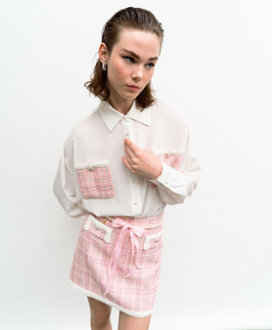 Access Fashion Alana Shirt with Tweed Pockets - White and Pink