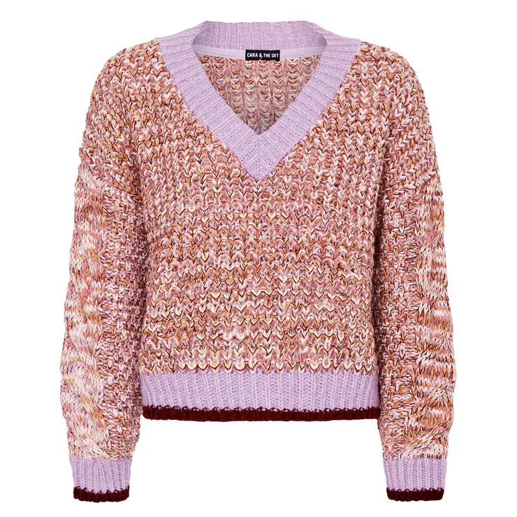 Cara & The Sky Amy V-Neck Cable Jumper - Rust, Pink & Lilac