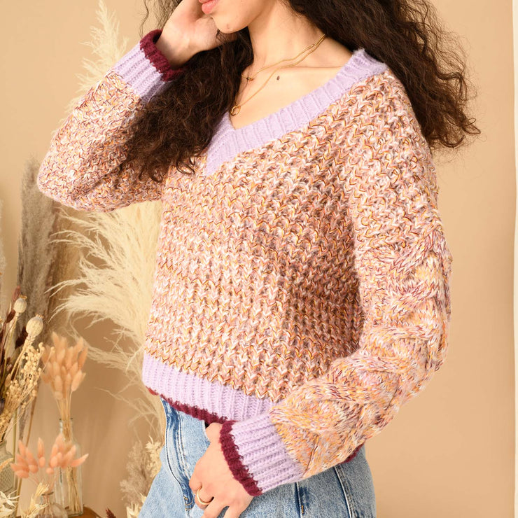 Cara & The Sky Amy V-Neck Cable Jumper - Rust, Pink & Lilac