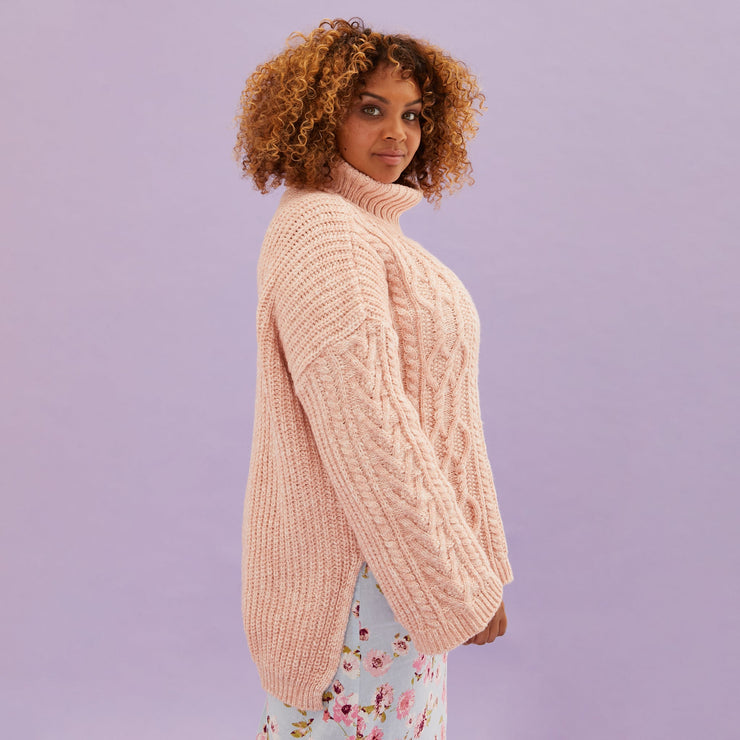 Cara & The Sky Emily Cable Roll Neck Tunic Jumper - Dusky Pink