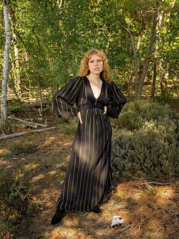 Stardust Folk Maxi Dress - Black Gold Stripe