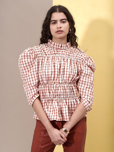 Ghospell Sunrise Check Ruched Top