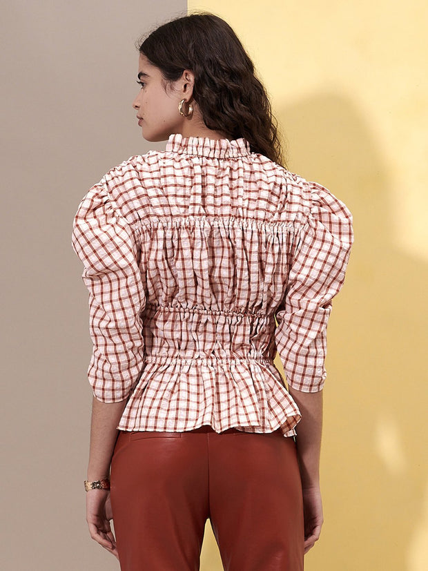 Ghospell Sunrise Check Ruched Top